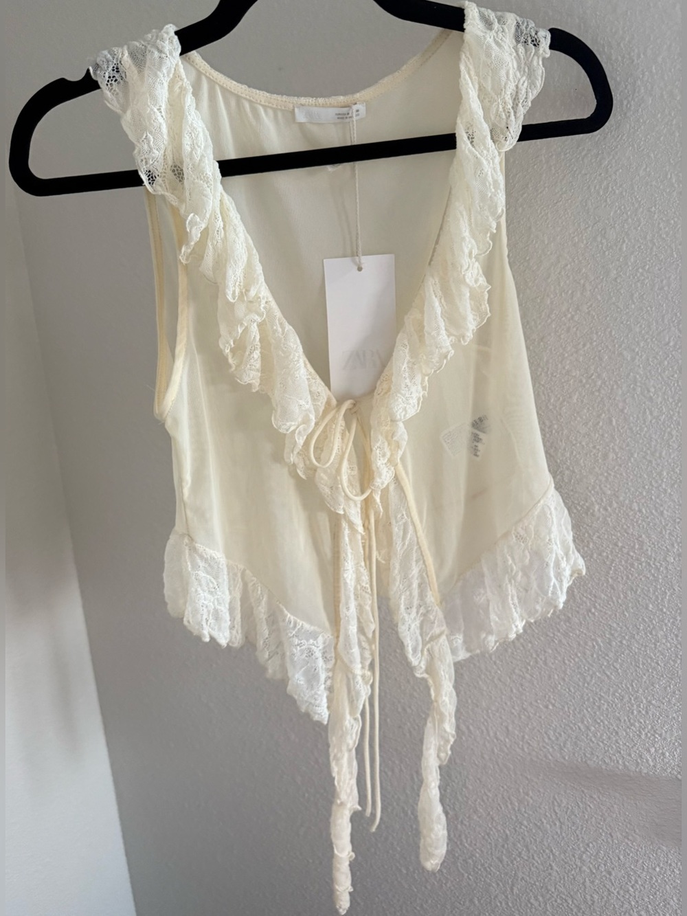 Zara RUFFLED LACE SEMI SHEER TOP